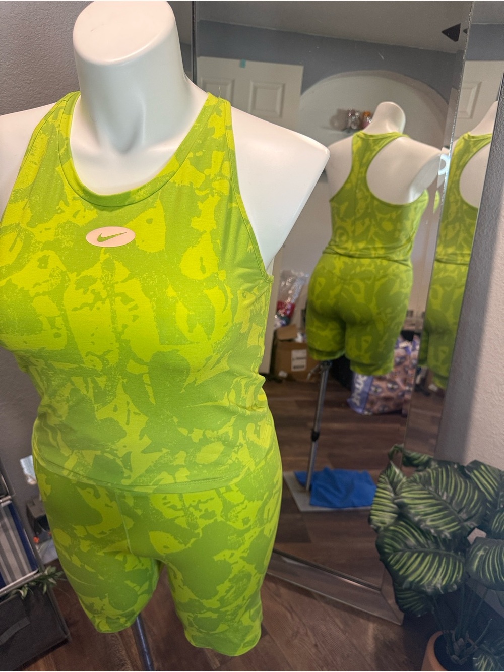 Nike Neon Green Patterned Racerback Tank & Biker Shorts Set